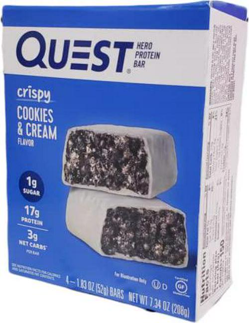 1) Pack of 4bars- 1.83oz(52g) each. NET WT 7.34oz(208g) Quest Hero Protein Bar - Crispy Cookies and Cream Flavor