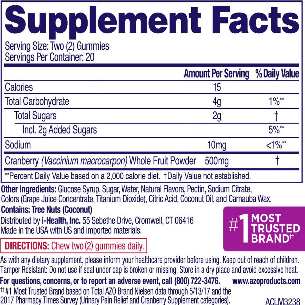 AZO Cranberry Gummies Urinary Tract Health, Mixed Berry, 40 Ea (Pack of 2)
