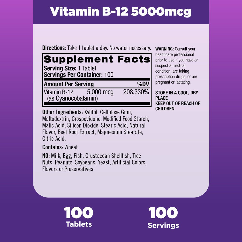 Natrol Vitamin B12 Fast Dissolve Tablets, Dietary Supplement, 5000 Mcg, 100 Count