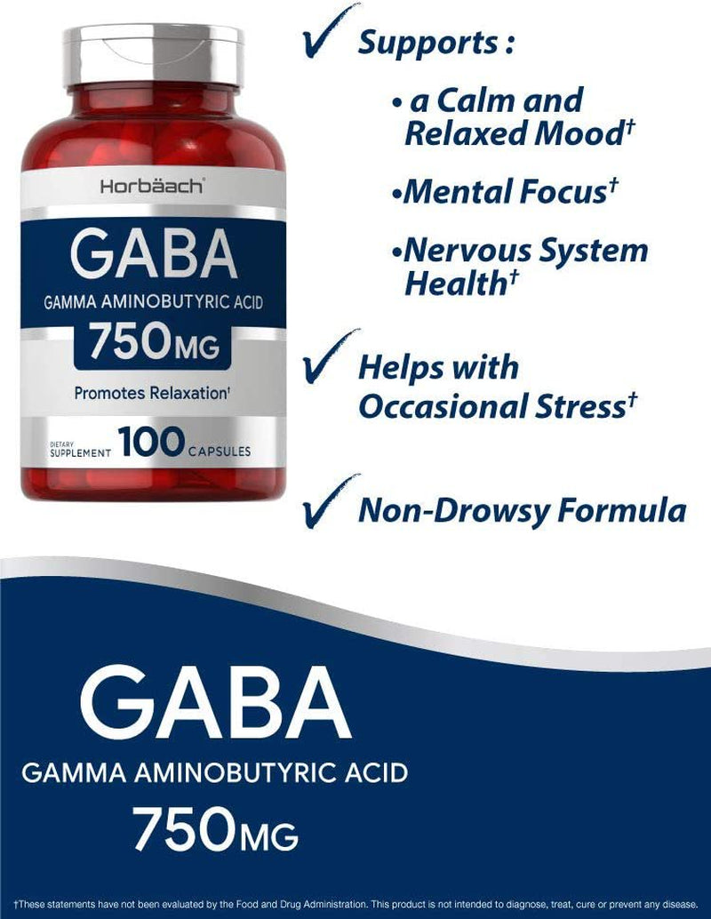 GABA 750Mg | 180 Capsules | Gamma Aminobutyric Acid Supplement | by Horbaach