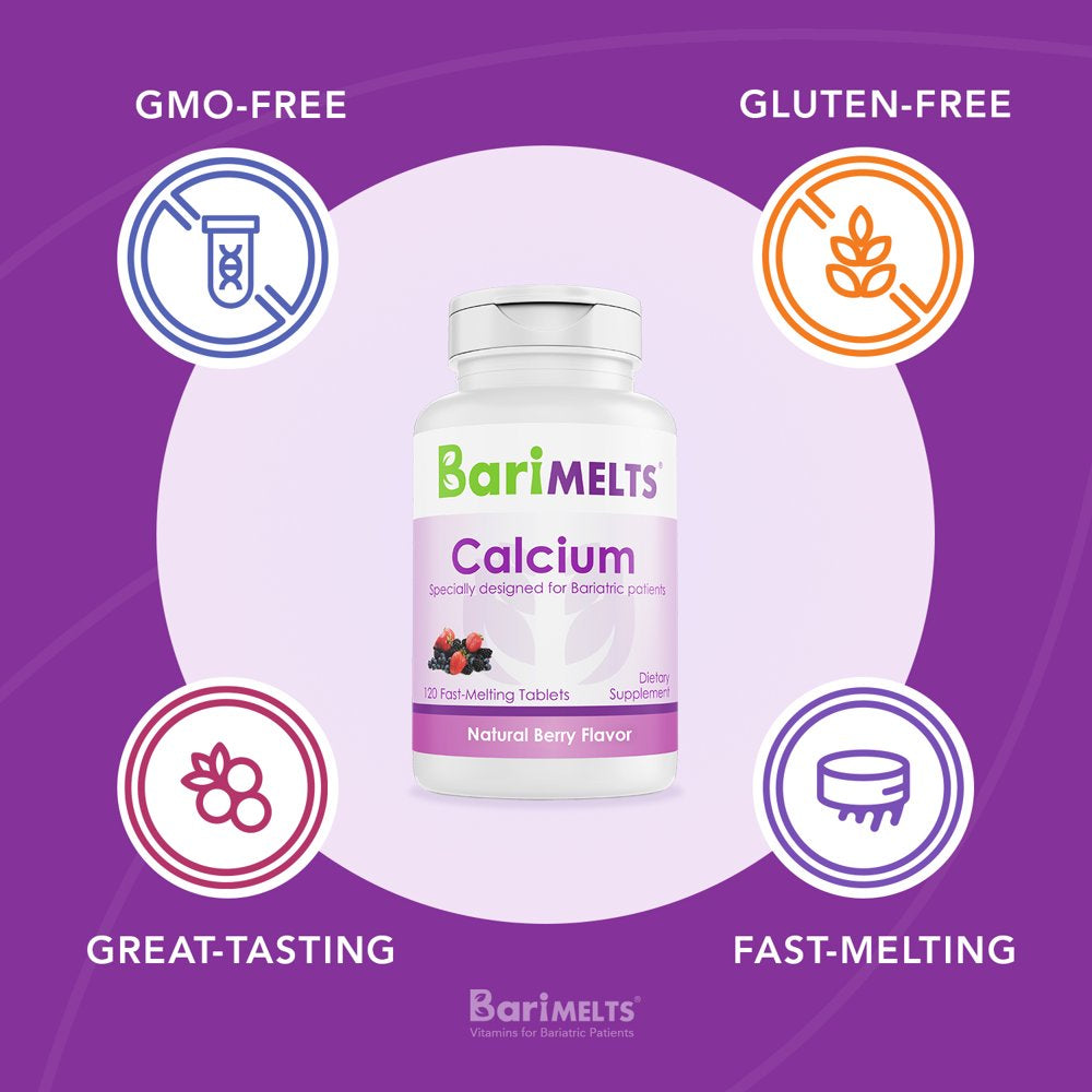 Barimelts Bariatric Calcium Citrate with Vitamin D3 and Magnesium for Bone Health Support, 120 Smooth-Dissolving Tablets, Post Weight Loss Surgery Patients, Berry Flavored Dietary Supplements
