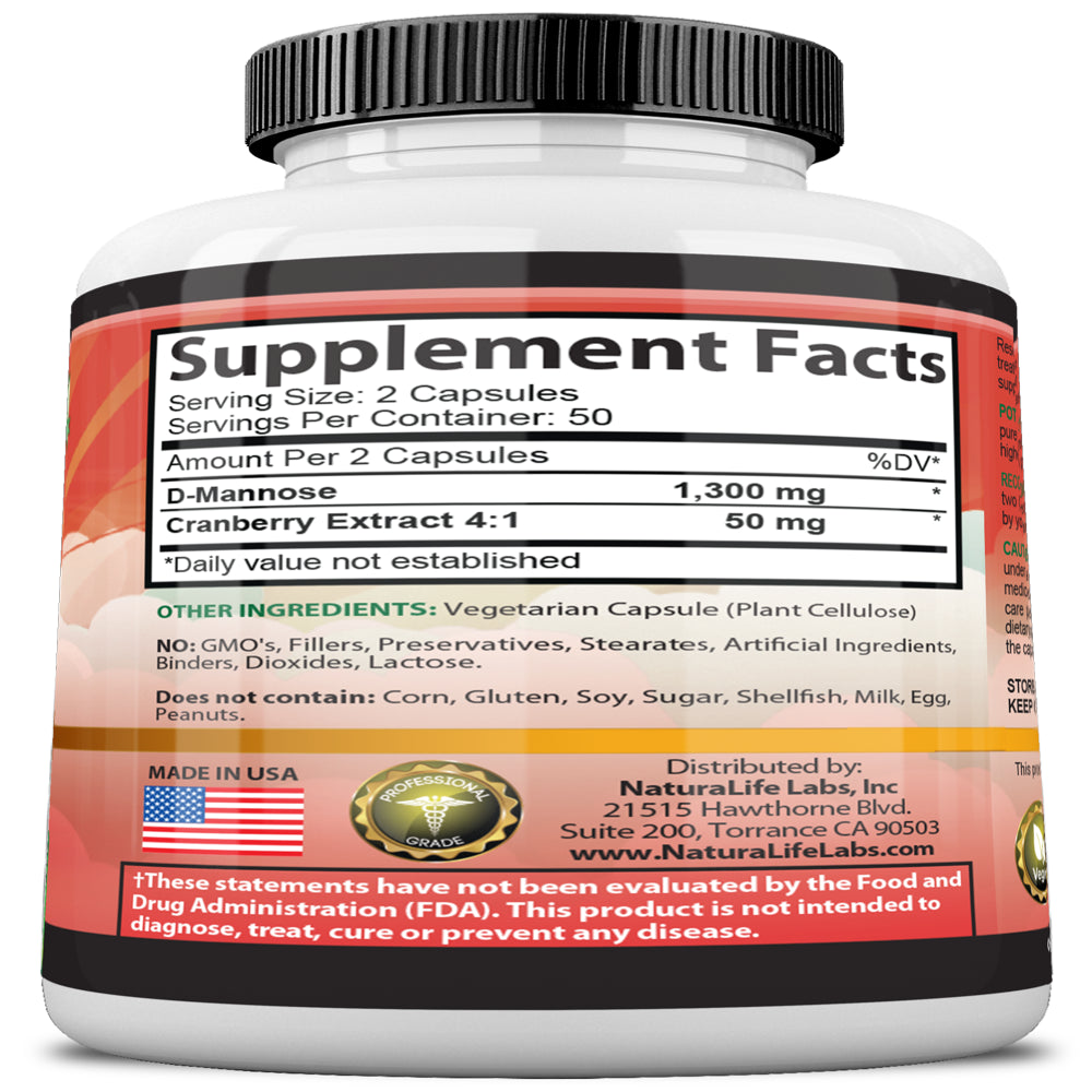D-Mannose 1,300 Mg with Cranberry Extract Fast-Acting, Flush Impurities, Natural Urinary Tract Health- 100 Veggie Capsules