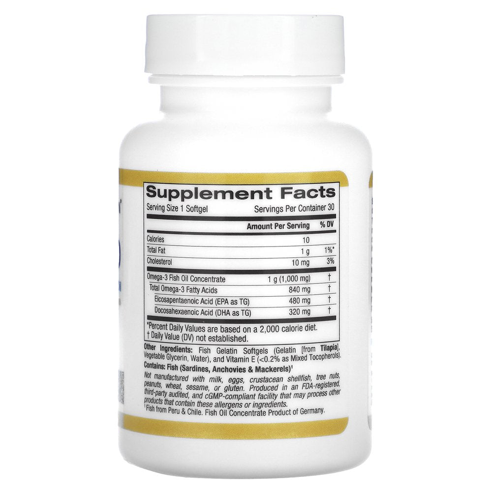 California Gold Nutrition Omega 800 Pharmaceutical Grade Fish Oil, 80% EPA/DHA, Triglyceride Form, 1,000 Mg, 30 Fish Gelatin Softgels