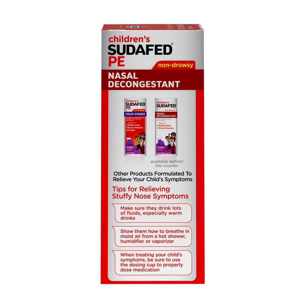 Children'S Sudafed PE Nasal Decongestant, Liquid Cold Relief Medicine with Phenylephrine Hcl, Alcohol Free and Sugar-Free, Berry-Flavored, 4 Fl. Oz