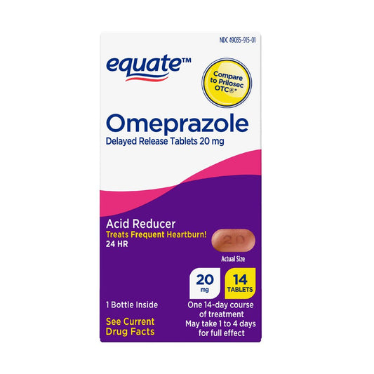 Equate Omeprazole Delayed Release Tablets 20 Mg, Acid Reducer, Frequent Heartburn, 14 Count