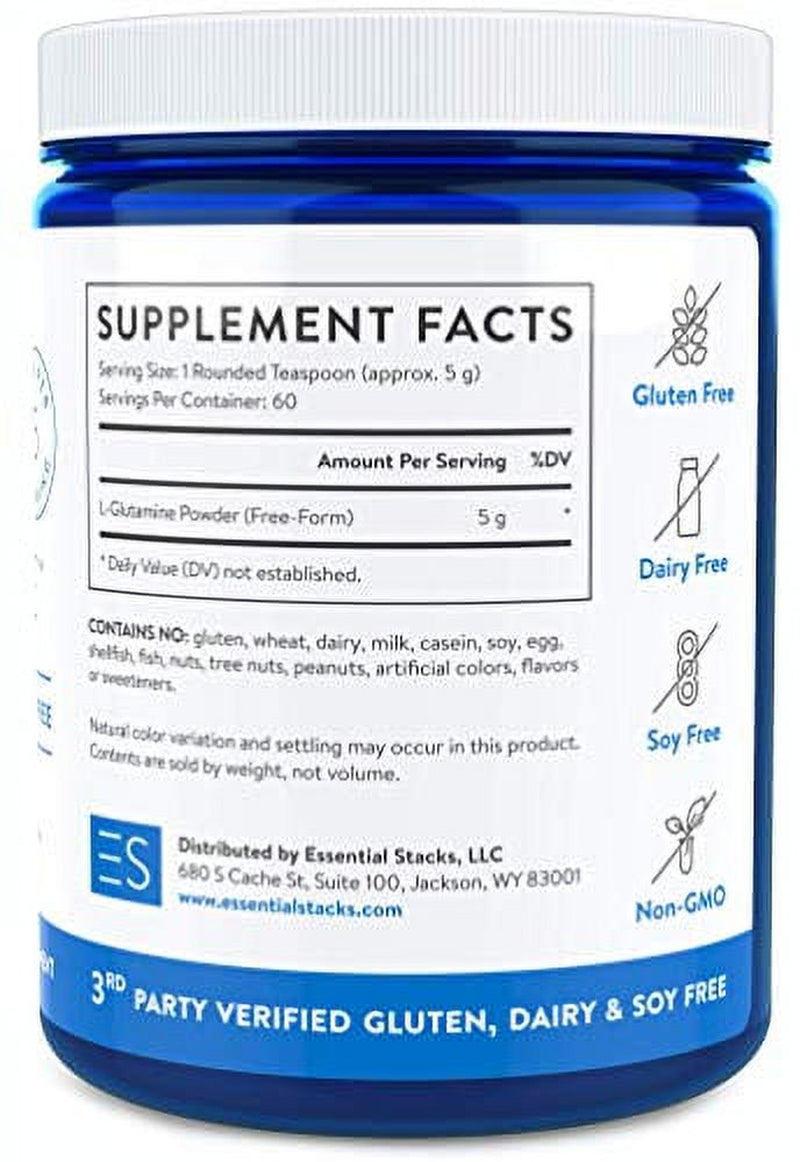 Essential Stacks Gut L-Glutamine Powder - Gluten, Dairy & Soy Free, Vegan, Non-Gmo & Hypoallergenic with 3Rd Party Verified Allergen Testing - Pure Unflavored L Glutamine for Optimal Gut Health
