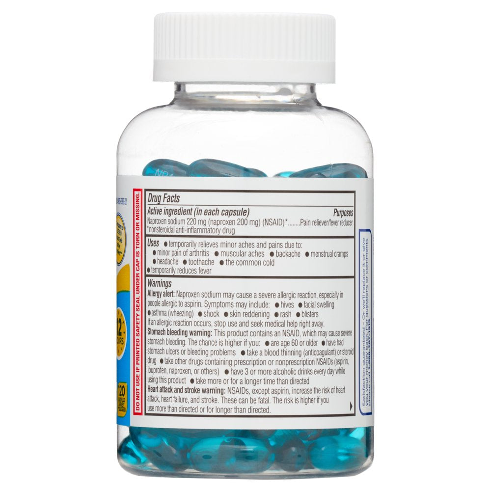 Equate Naproxen Sodium All Day Pain Relief Liquid Gels, 220 Mg, 120 Count