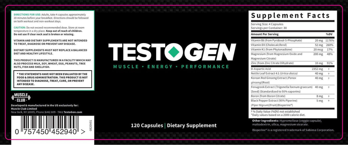 Testogen Testosterone Booster - Muscle, Energy, Performance - Maximum Strength Formula for Men