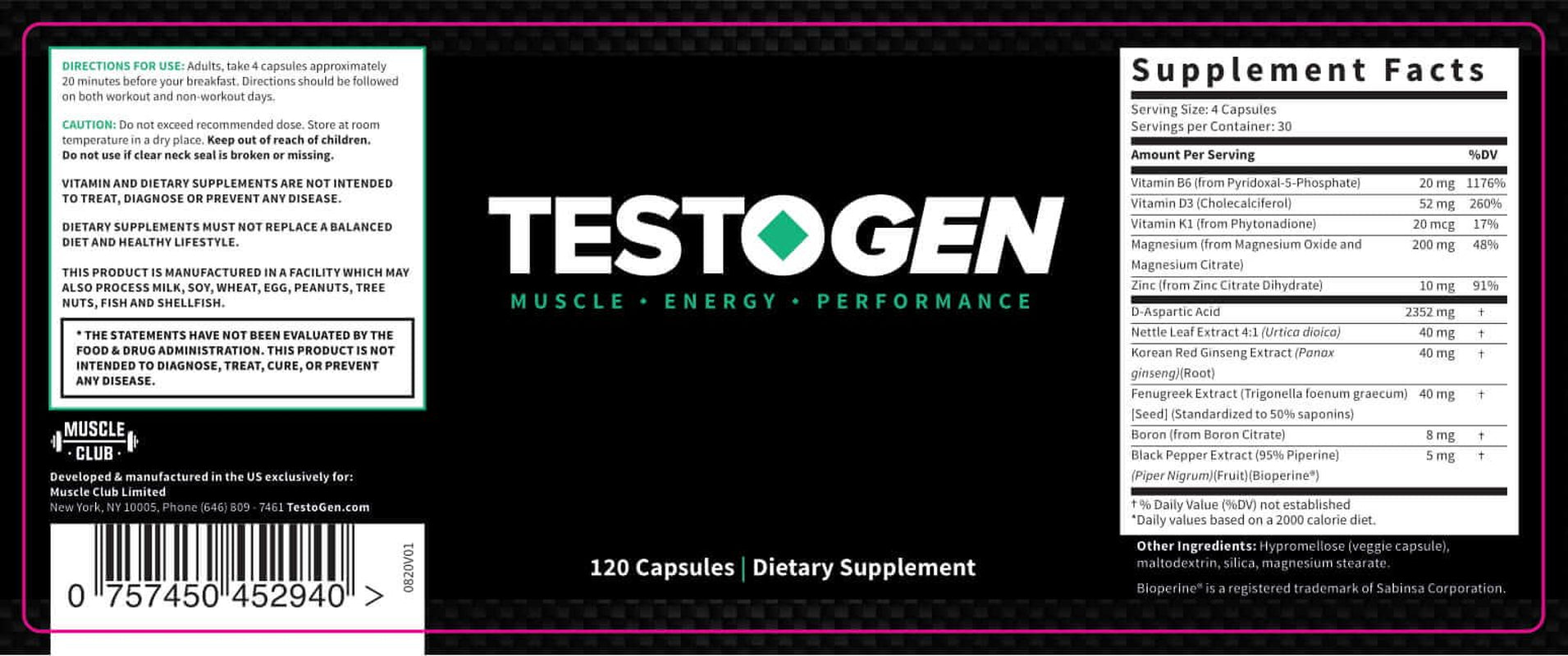 Testogen Testosterone Booster - Muscle, Energy, Performance - Maximum Strength Formula for Men