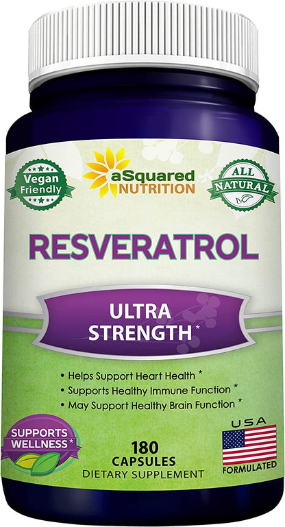 100% Natural Resveratrol - 1000Mg per Serving Max Strength (180 Capsules) Antioxidant Supplement, Trans-Resveratrol Pills for Heart Health & Pure Weight Loss, Trans Resveratrol for Anti-Aging