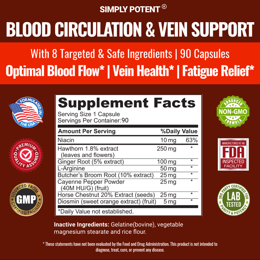 Blood Circulation & Vein Support Supplement, 90 Caps, Helps Reduce Spider and Varicose Veins, Supports Vessels, Leg and Cardiovascular Health with Niacin, L-Arginine, Ginger, Cayenne Pepper, Hawthorn