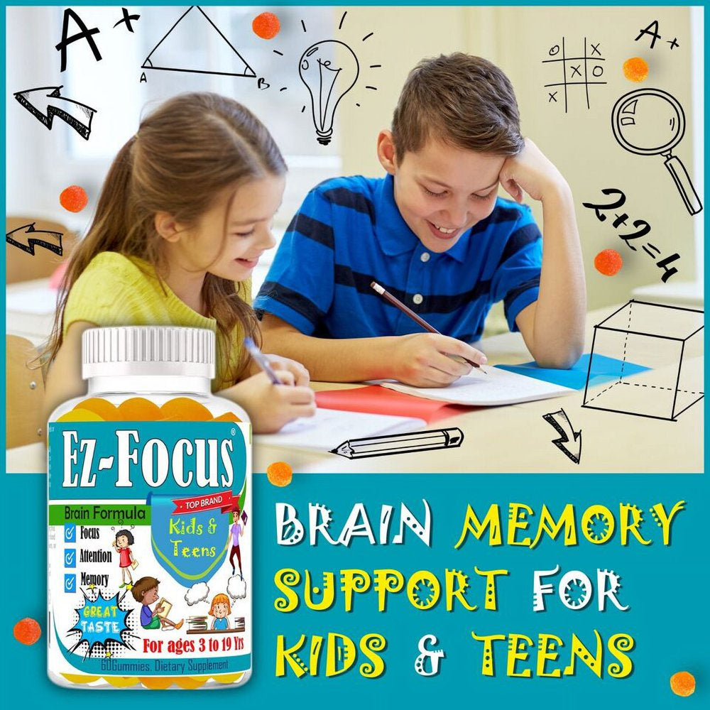 EZ Focus Brain Booster Supplement for Kids & Teens, Support Memory- 60 Gummies