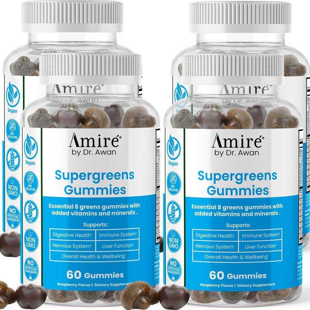 Amire by Dr. Awan Super Greens Gummies, Fruits & Veggies Supplement, Green Superfood for Immunity, Metabolism, Liver Function & Nervous System, Essential 8 Greens, 240Ct, 4-Months Supply