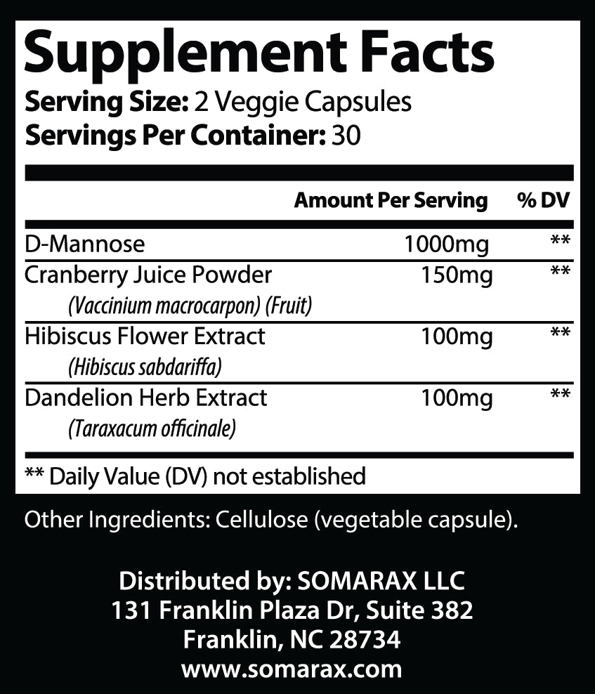 Balance – D-Mannose Urinary Tract Supplement UTI Cleanse & Bladder Health, Fast-Acting Detoxifying Strength, Flush Impurities, Clear System with Hibiscus and Cranberry Pills 60 Capsules by Somarax