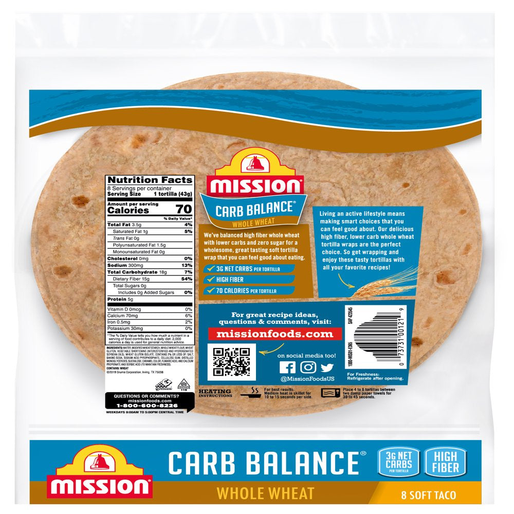 Mission Carb Balance Soft Taco Whole Wheat Tortillas, 8 Count