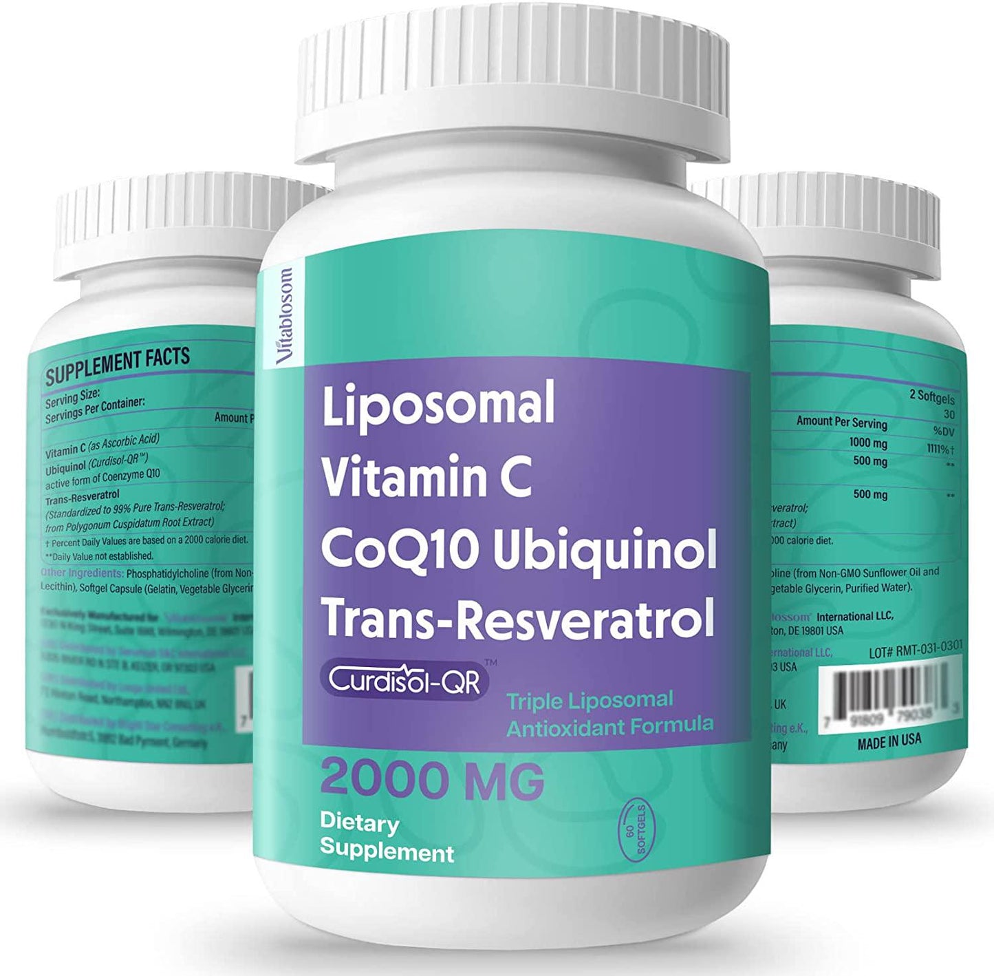 2000mg Liposomal Vitamin C 1000mg+ CoQ10 Ubiquinol 500 mg+ Trans-Resveratrol 500 mg, Super Antioxidant Complex, Promotes Anti-Aging, Immune Support, Cardiovascular Health,60 Softgels