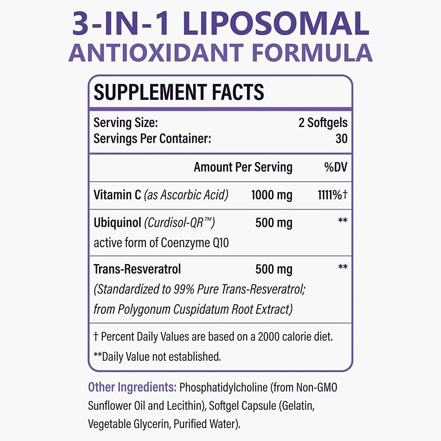 2000mg Liposomal Vitamin C 1000mg+ CoQ10 Ubiquinol 500 mg+ Trans-Resveratrol 500 mg, Super Antioxidant Complex, Promotes Anti-Aging, Immune Support, Cardiovascular Health,60 Softgels