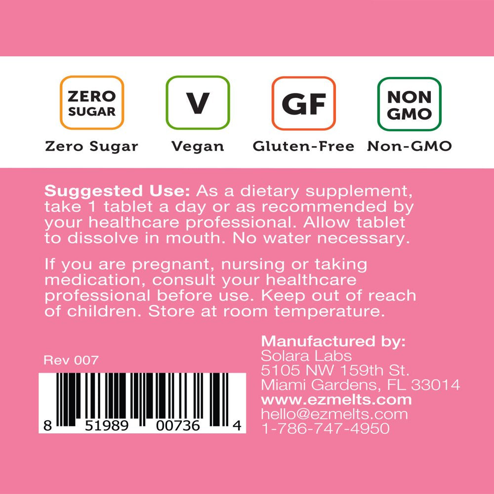 EZ Melts Sublingual Vitamin B12 with Methylcobalamin for Energy and Metabolism Support, 2500 Mcg 60 Tablets, Cherry Flavored, Vegan Dietary Supplements, Dissolvable and Fast Melting