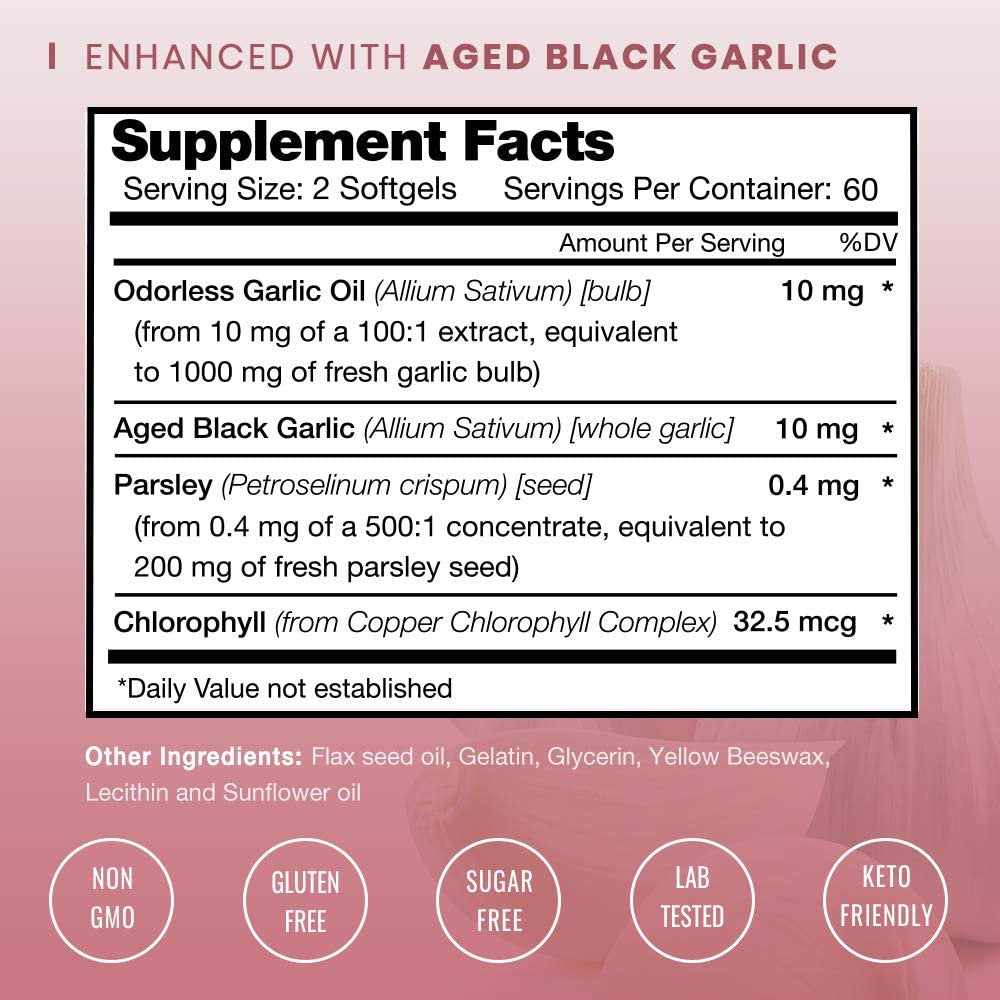 Nutrachamps Odorless Garlic Pills - Extra Strength 1000Mg Dose - Parsley, Chlorophyll & Aged Black Garlic Extract - 120 Softgels