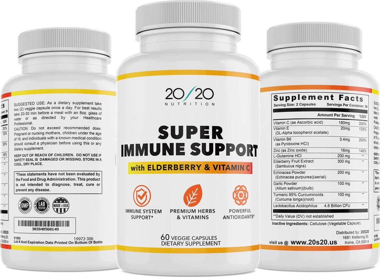 20S20 Nutrition Immune Support Supplement with Elderberry, Vitamin C, Zinc, Echinacea, Garlic, Herbs, Turmeric, Antioxidant Support, for Adults 60 Veggie Capsules