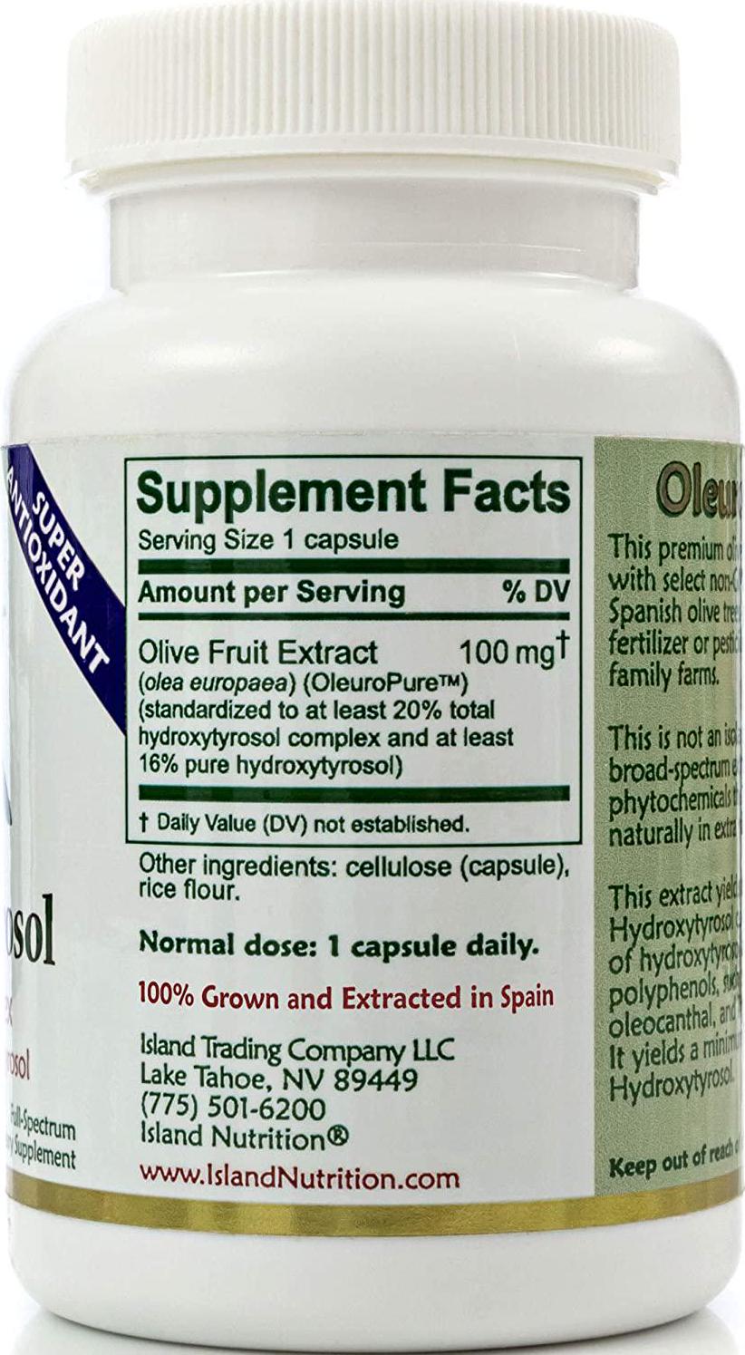20% Hydroxytyrosol ComplexTM Olive Fruit Extract - Super Strength 100% Grown and Extracted in Spain. 100 mg, 90 Capsules. from Island Nutrition, The Maker of Real European Olive Leaf Extract.