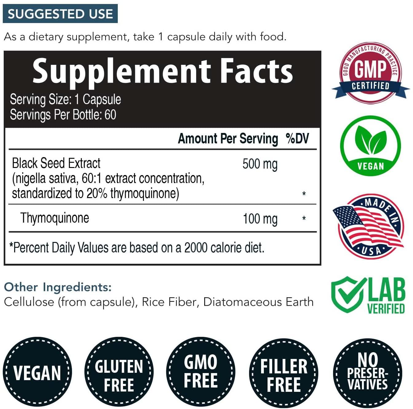 20% Thymoquinone Black Seed Oil Extract Capsules - TQ-Advanced 4X: Highest Thymoquinone Concentration Available - 60:1 Concentrate from Nigella Sativa, Raw Form, Vegan, Glass Bottle (60 Capsules)