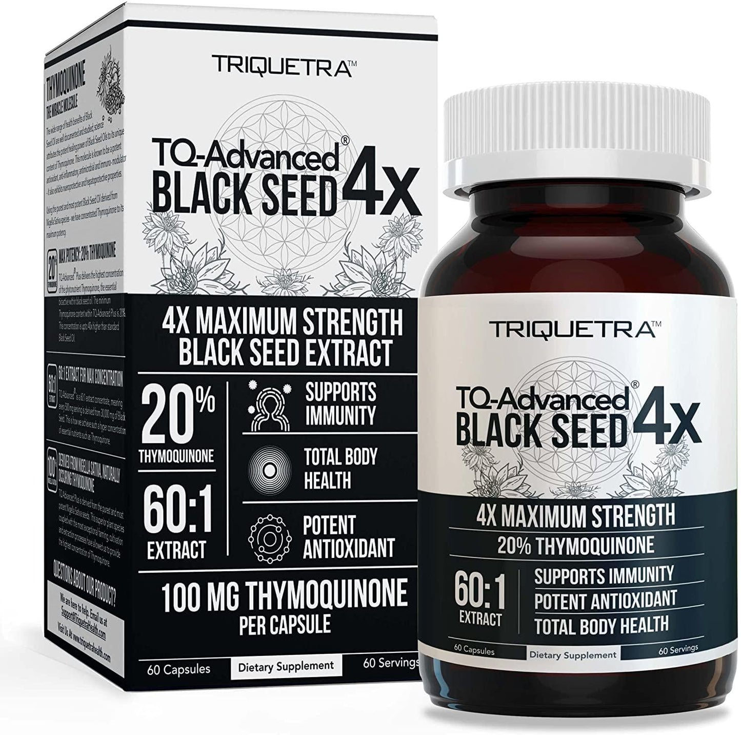 20% Thymoquinone Black Seed Oil Extract Capsules - TQ-Advanced 4X: Highest Thymoquinone Concentration Available - 60:1 Concentrate from Nigella Sativa, Raw Form, Vegan, Glass Bottle (60 Capsules)