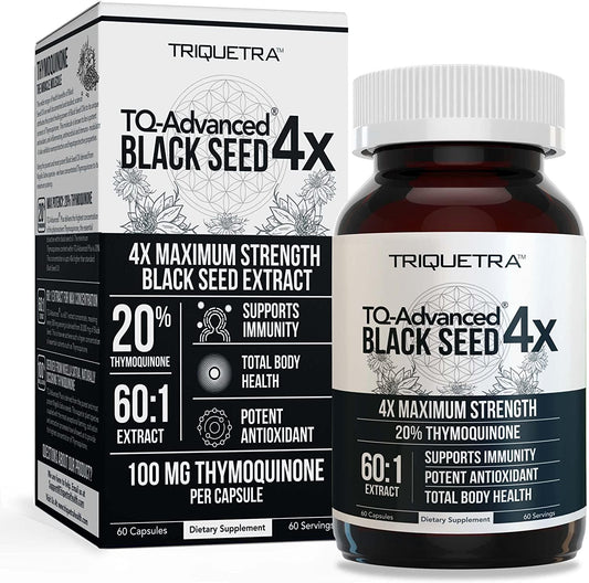 20% Thymoquinone Black Seed Oil Extract Capsules - TQ-Advanced 4X: Highest Thymoquinone Concentration Available - 60:1 Concentrate from Nigella Sativa, Raw Form, Vegan, Glass Bottle (60 Capsules)