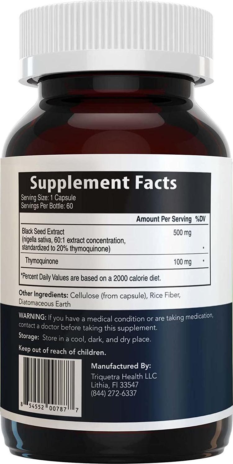 20% Thymoquinone Black Seed Oil Extract Capsules - TQ-Advanced 4X: Highest Thymoquinone Concentration Available - 60:1 Concentrate from Nigella Sativa, Raw Form, Vegan, Glass Bottle (60 Capsules)