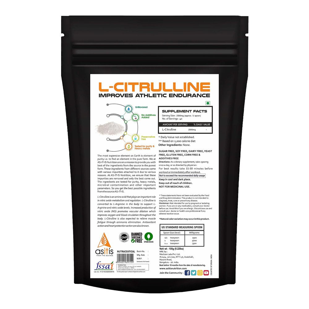 AS-IT-IS Nutrition Pure L-Citrulline Powder, Boosts Nitric Oxide & Muscle Growth (Pack of 100Gms)