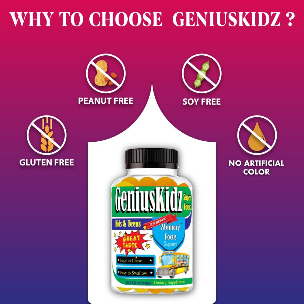 Geniuskidz Brain Focus Supplement Kids Focus and Attention Supplements Brain Booster Vitamins for Kids,Omega 3 Gummies for Kids & Teens- 60Ct