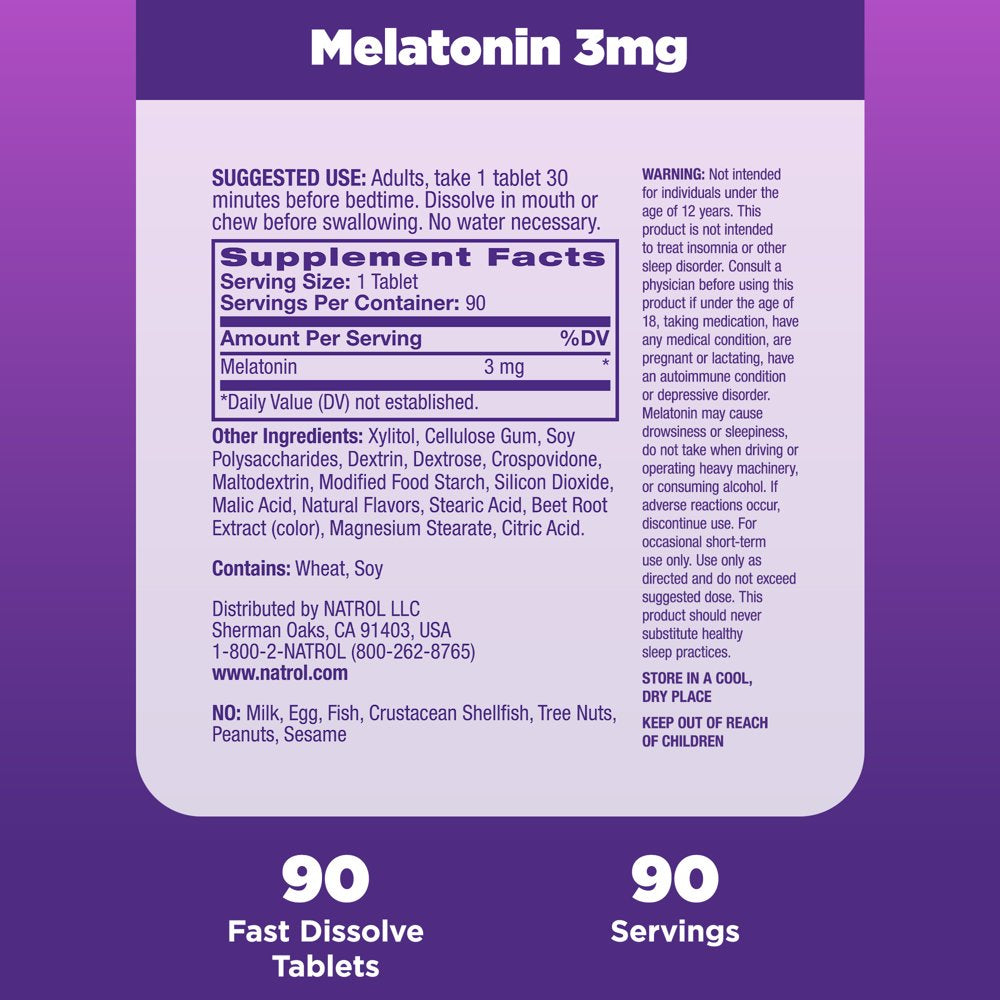 Natrol Melatonin Fast Dissolve Sleep Aid Tablets, Strawberry, Drug-Free, 3Mg, 90 Count