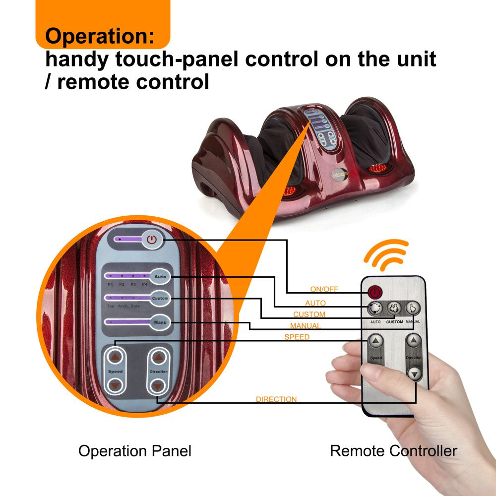 Electric Shiatsu Foot Massager with Remote for Pain Relief, Deep Kneading Rolling Feet and Calf Massager, Leg Circulation Machine for Plantar Fasciitis and Neuropathy, Men Women Gifts, Red