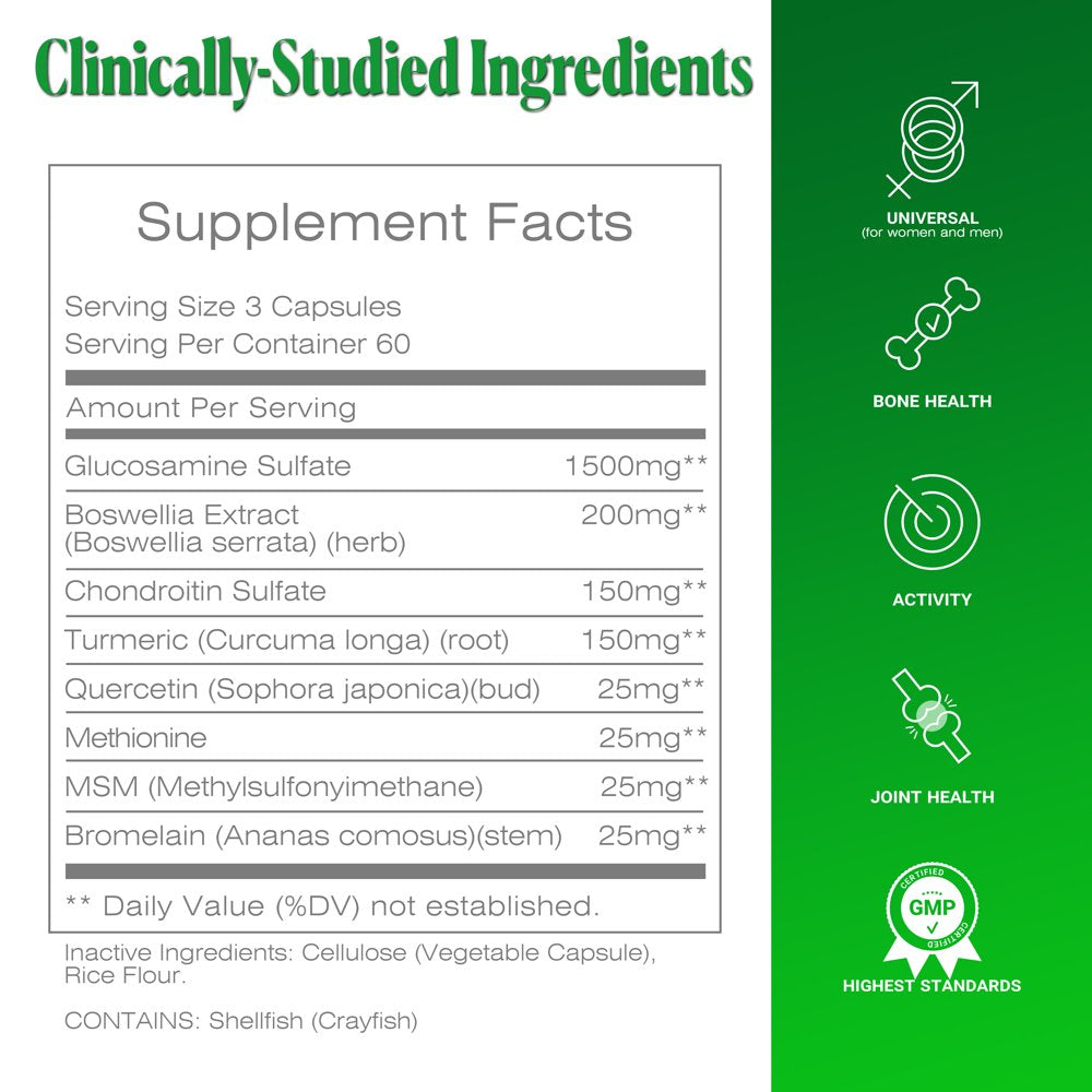 Joint Health Supplement by Todicamp (Pack of 1) - Glucosamine Chondroitin MSM Turmeric Quercetin Methionine Bromelain - Research Verified Joint Support Supplement - 1 Month Supply