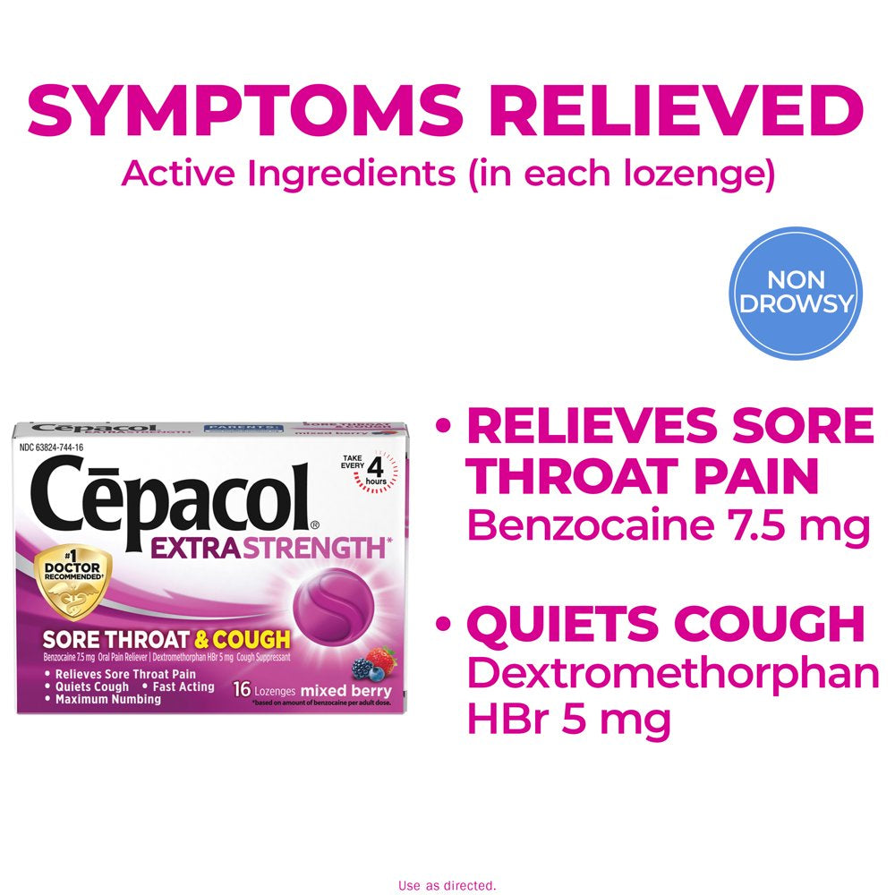 Cepacol Extra Strength Sore Throat & Cough Lozenges, Powerful Symptom Relief, Quiet Cough, Oral Pain Reliever, Mixed Berry Flavor, 16 Lozenges