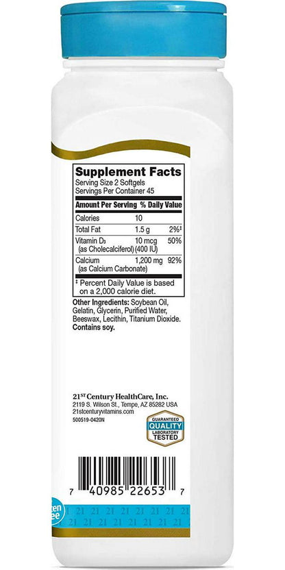 21st Century Calcium Plus D3 Liquid Filled Softgel, 1200 mg, 90 Count