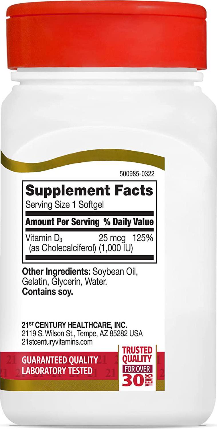 21st Century D3 1000 IU Softgels, 250 Count