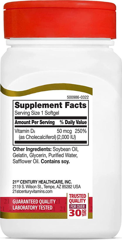 21st Century D3 2000 IU Softgels, 250 Count