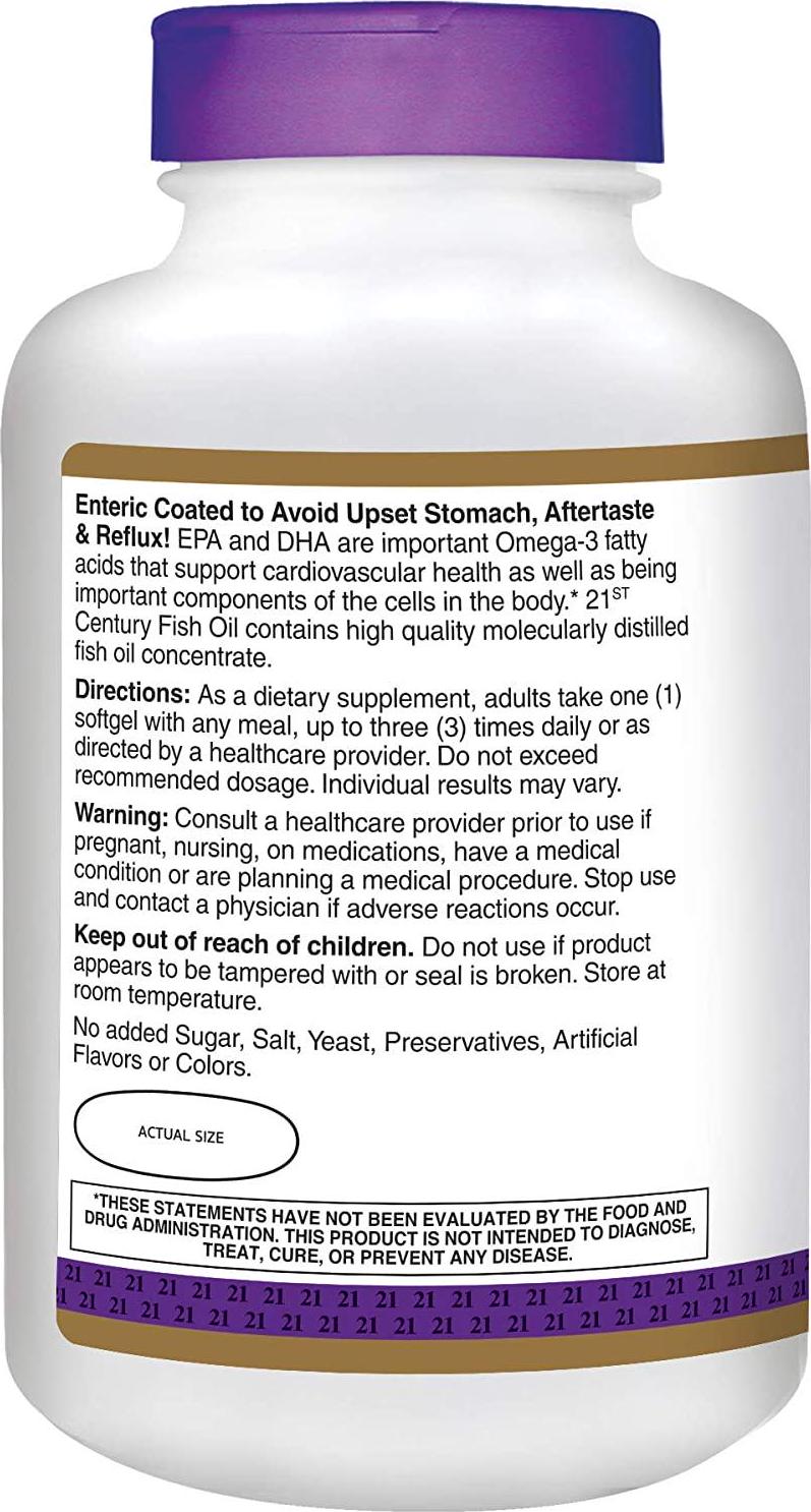 21st Century Fish Oil 1000 mg Enteric Coated Softgels, 180-Count (Pack of 2)