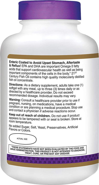 21st Century Fish Oil 1000 mg Enteric Coated Softgels, 180-Count (Pack of 2)