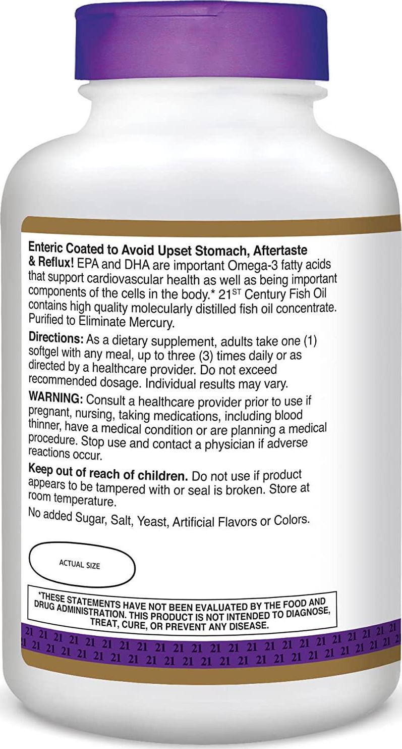 21st Century Fish Oil 1000 Mg Enteric Coated Softgels, 180Count