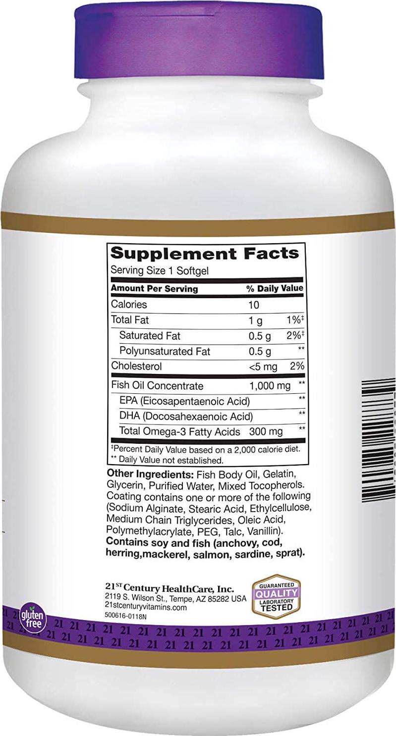 21st Century Fish Oil 1000 mg Enteric Coated Softgels, 180-Count (Pack of 2)