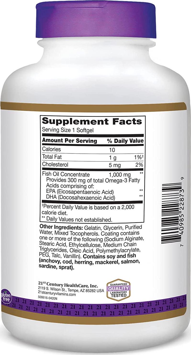 21st Century Fish Oil 1000 Mg Enteric Coated Softgels, 180Count