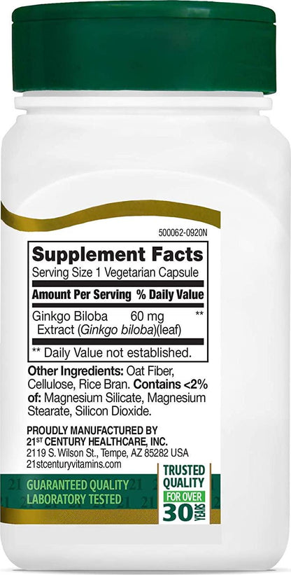 21st Century Ginkgo Biloba Extract Veg Capsules, 60 Count