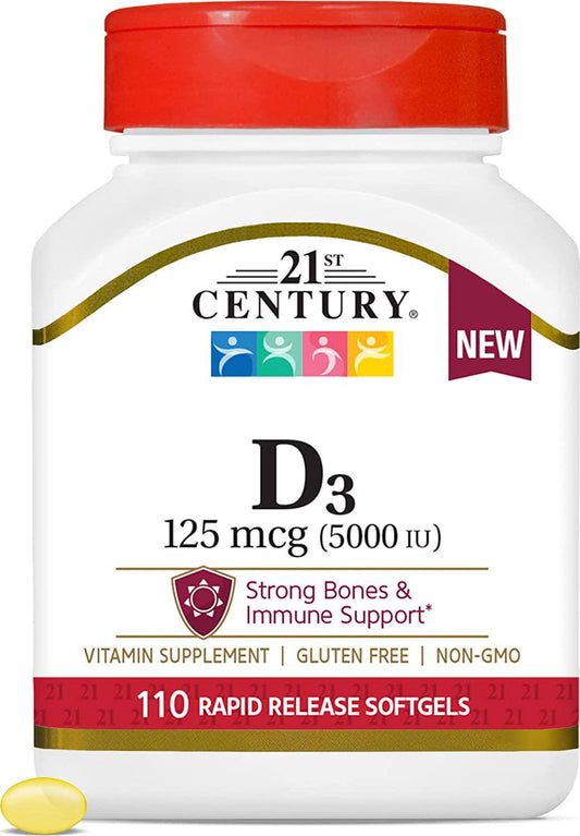 21st Century Vitamin D3 125 mcg (5,000 IU) Rapid Release Softgels, 110 Count