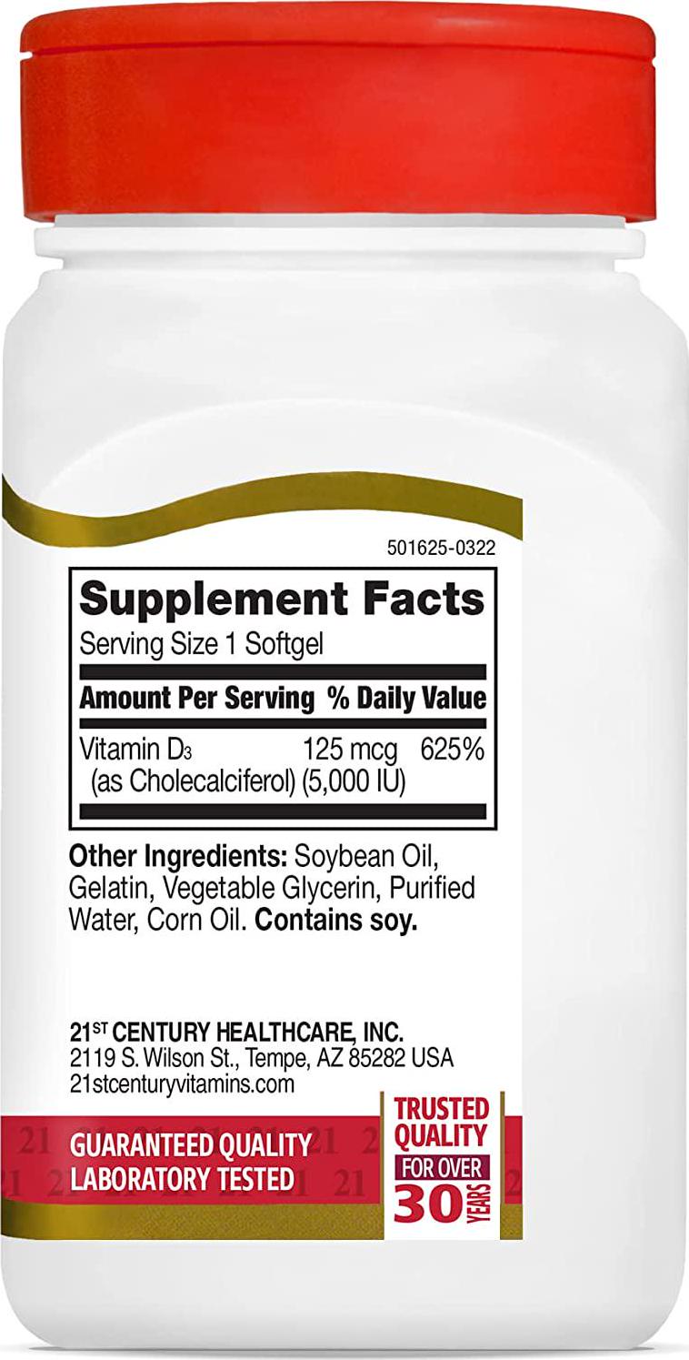21st Century Vitamin D3 125 mcg (5,000 IU) Rapid Release Softgels, 110 Count