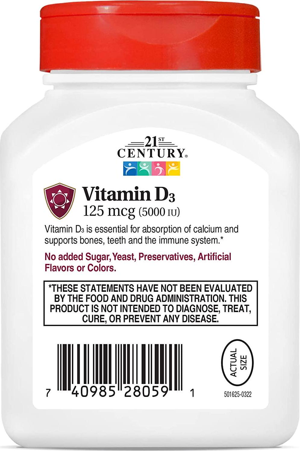21st Century Vitamin D3 125 mcg (5,000 IU) Rapid Release Softgels, 110 Count