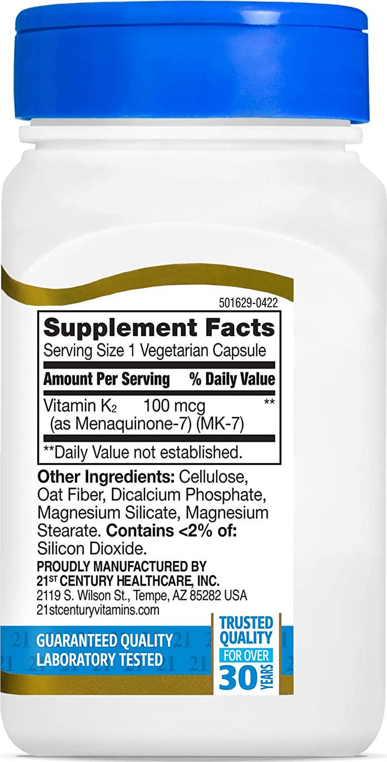 21st Century Vitamin K2 (MK-7) 100 mg Vegetarian Capsules, 110 Count