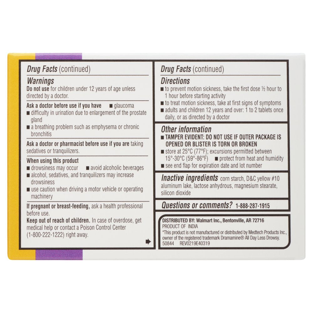 Equate Less-Drowsy Formula Motion Sickness Relief Meclizine HCI Tablets, 25 Mg, 8 Count