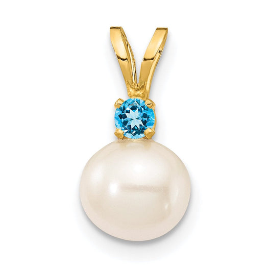 14K 6-7Mm White round FWC Pearl Swiss Blue Topaz Pendants XF741/BT